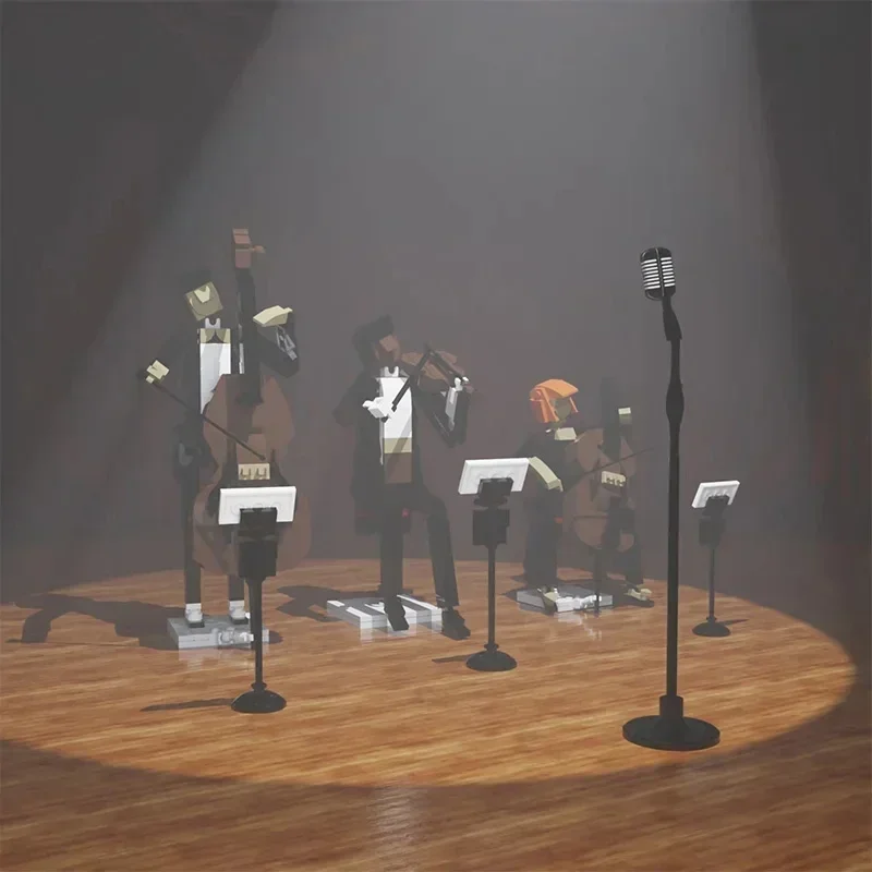 MOC 창의적인 도시 밴드 바이올린 첼로 트럼펫 더블 베이스 재즈 연주 장면 음악 피아니스트 피규어 블록 모델 어린이 장난감 선물