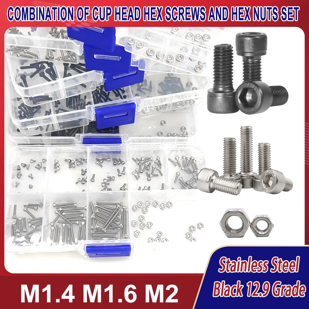 M1.4 M1.6 M2 304 Stainless Steel Cap Allen Head Bolt Grade 12.9 Black DIN912 And Nut Hexagon Hex Socket Cap Bolt Screw L=2-16mm