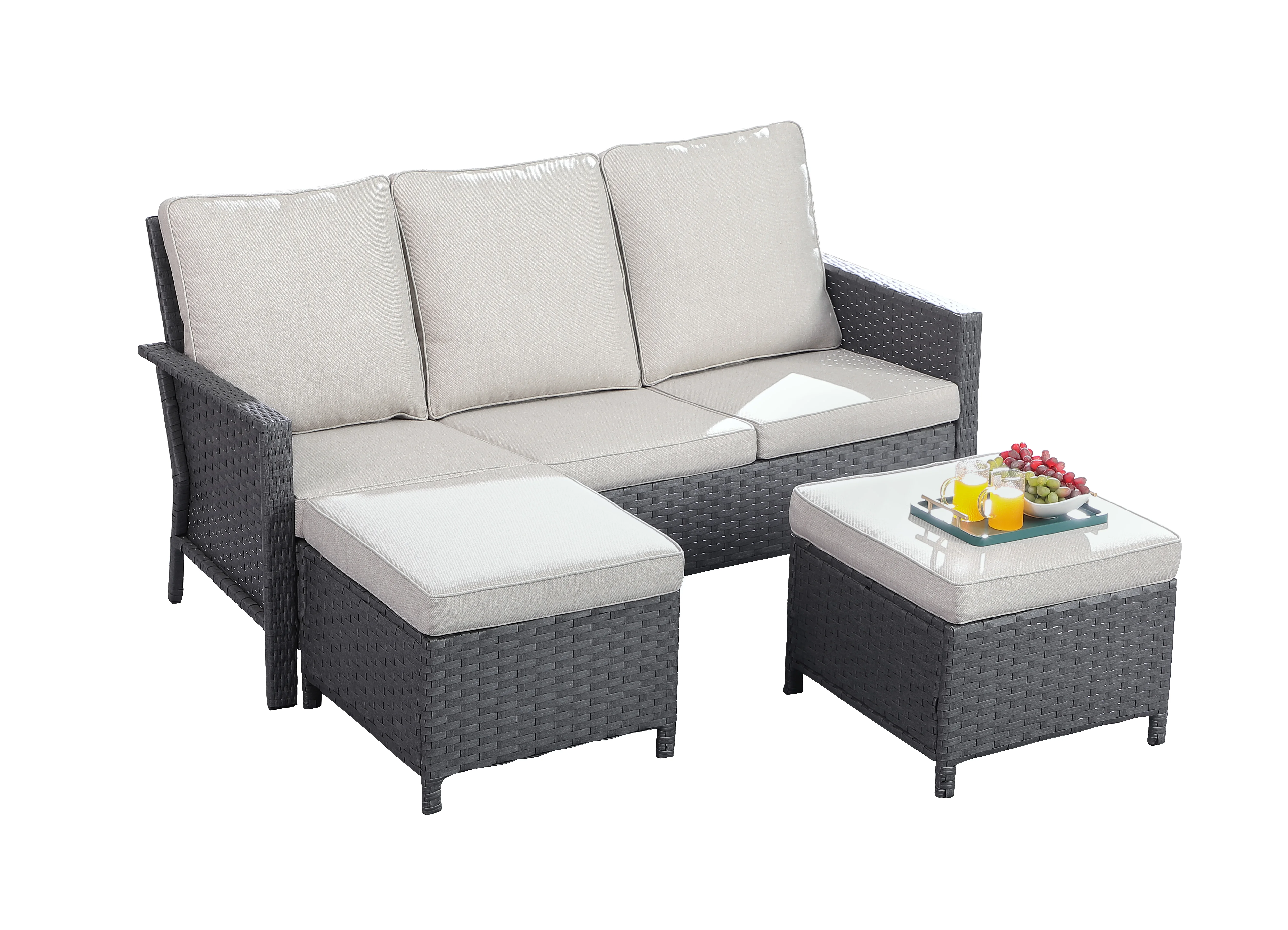 

3Pc Patio Furniture Set PE Wicker Sectional Sofa with Stool Storage