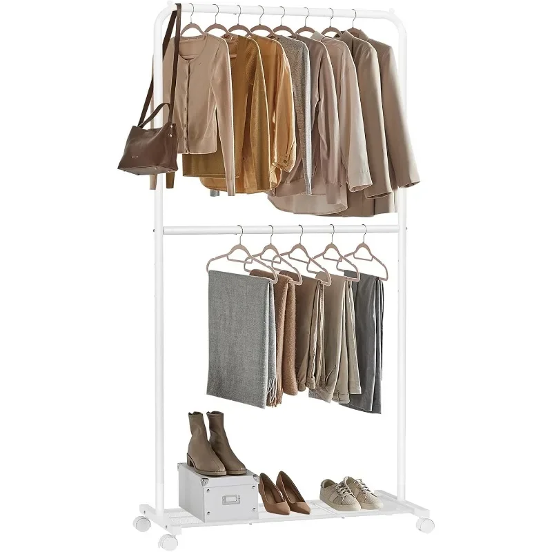 Clothes Rack with Wheels, Double-Rod Clothing Rack for Hanging Clothes, 25.4mm Metal Garment Rack with Dense Mesh Storage