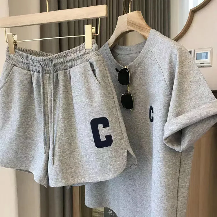 Original quality Korean version summer loose short sleeved T-shirt+shorts sports embroidery letter casual set