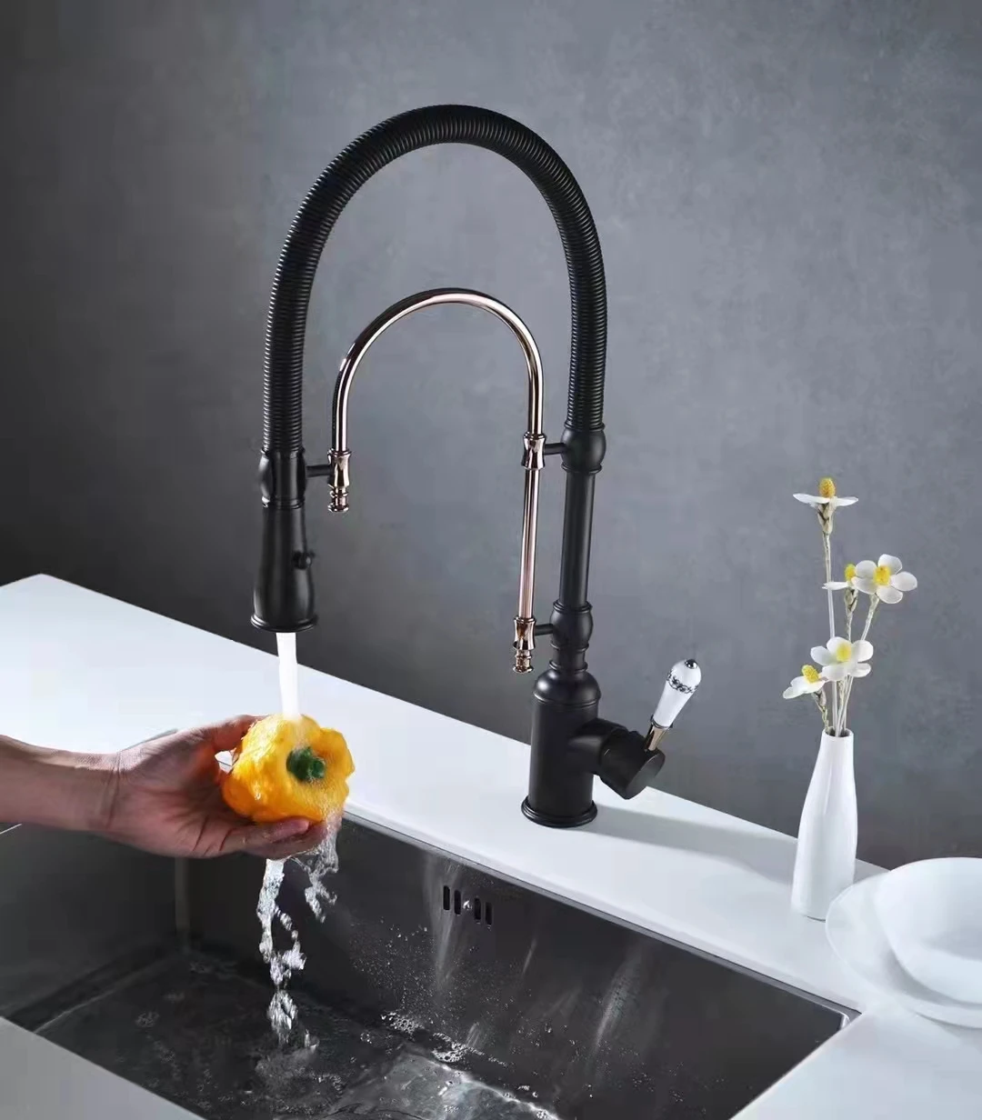 

High Arc Swiveling Dual-Mode Pull-Down Sprayer Kitchen Sink Faucet with Porcelain Handle in Matte Black,Brass Pre Rinse Faucet