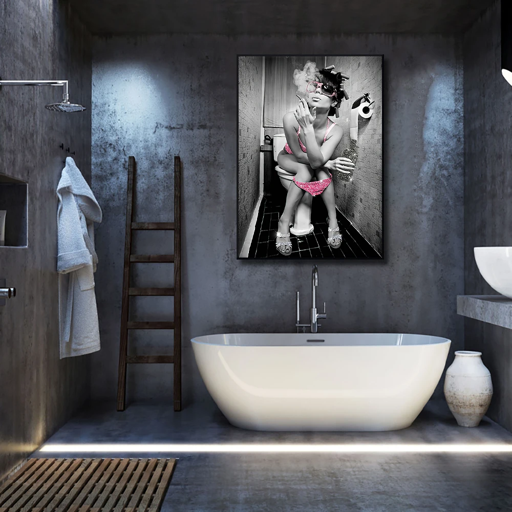 مثير امرأة قماش اللوحة الوردي المشاغب فتاة التدخين والشرب المشارك والمطبوعات صور فنية للجدران لشريط المرحاض ديكور