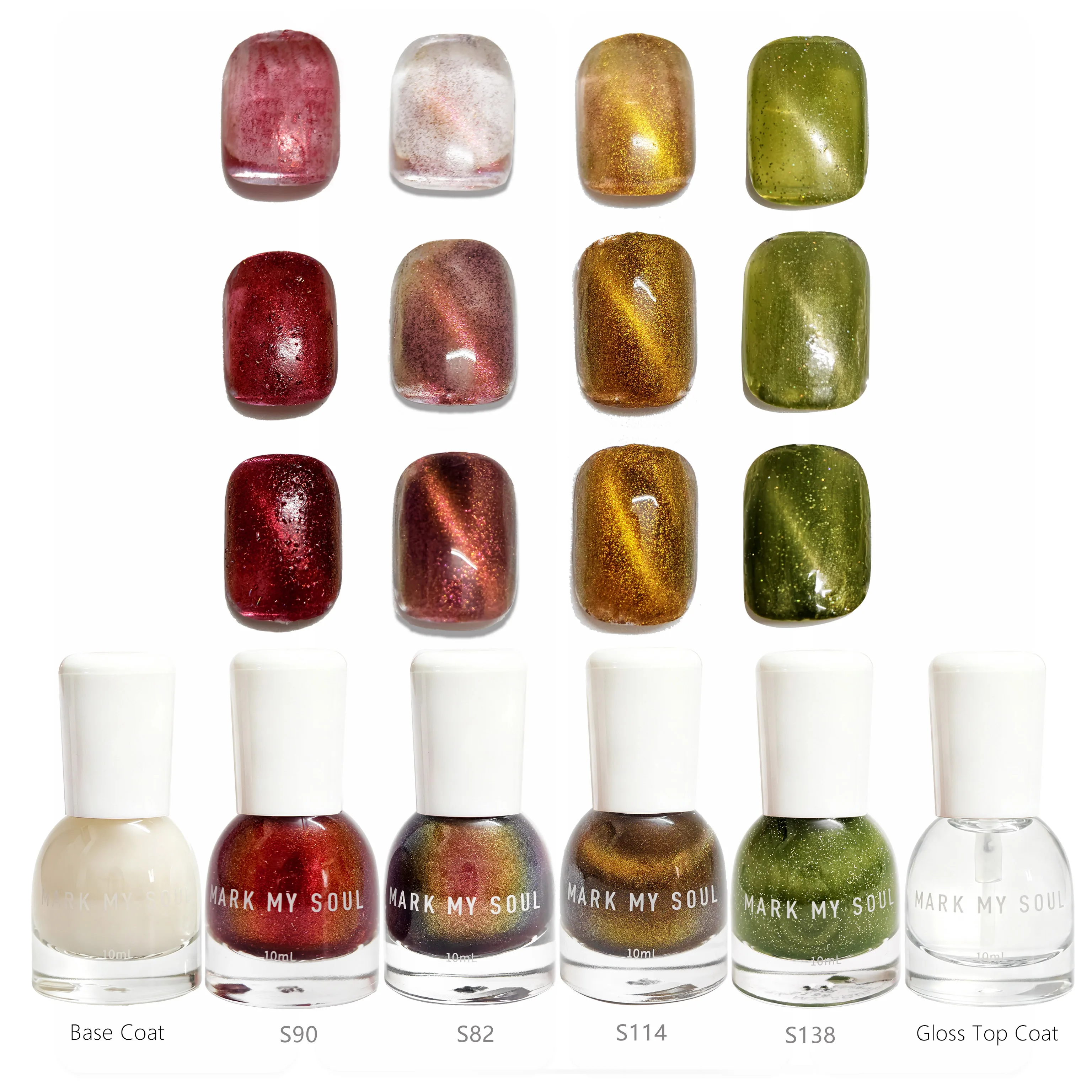 6 Pieces Contrast Glass Cat Eye, MARK MY SOUL No UV Lamp Cat Eye Nail Polish Set, 4 Cat Eye Polishes S113/S82/S138/S90 + MS04 Ba