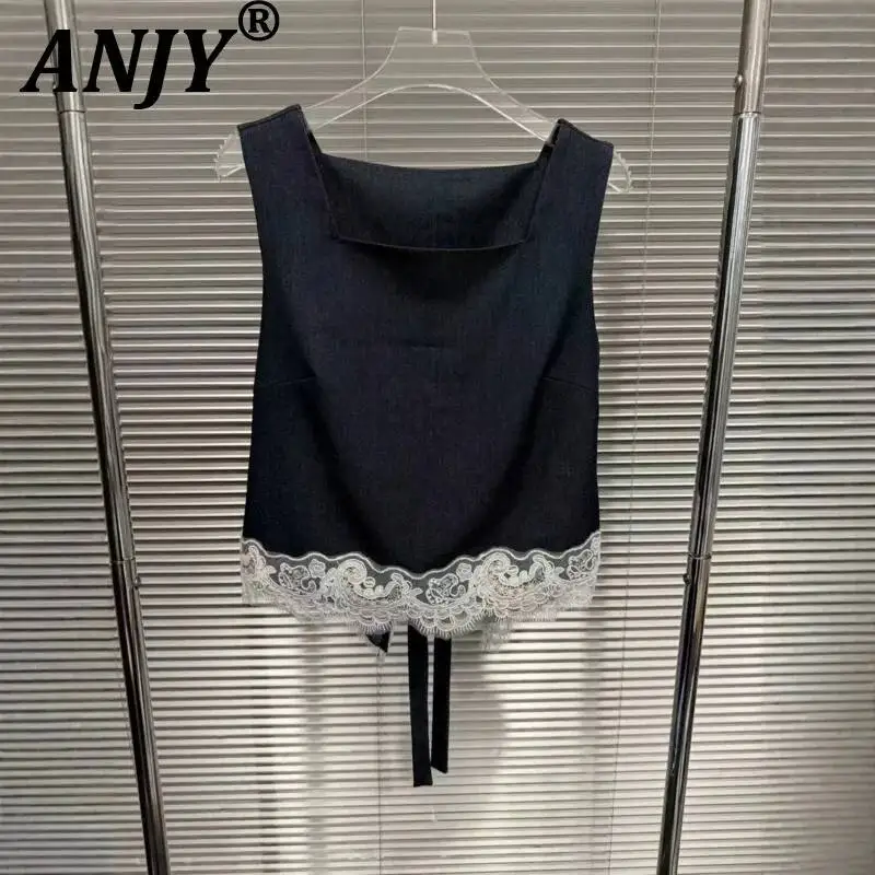 

ANJY Summer New Women Design Lace Patchwork High-End Backless Sleeveless Lace-Up Tank Top Color Block Niche Slim Fit Vest A24257