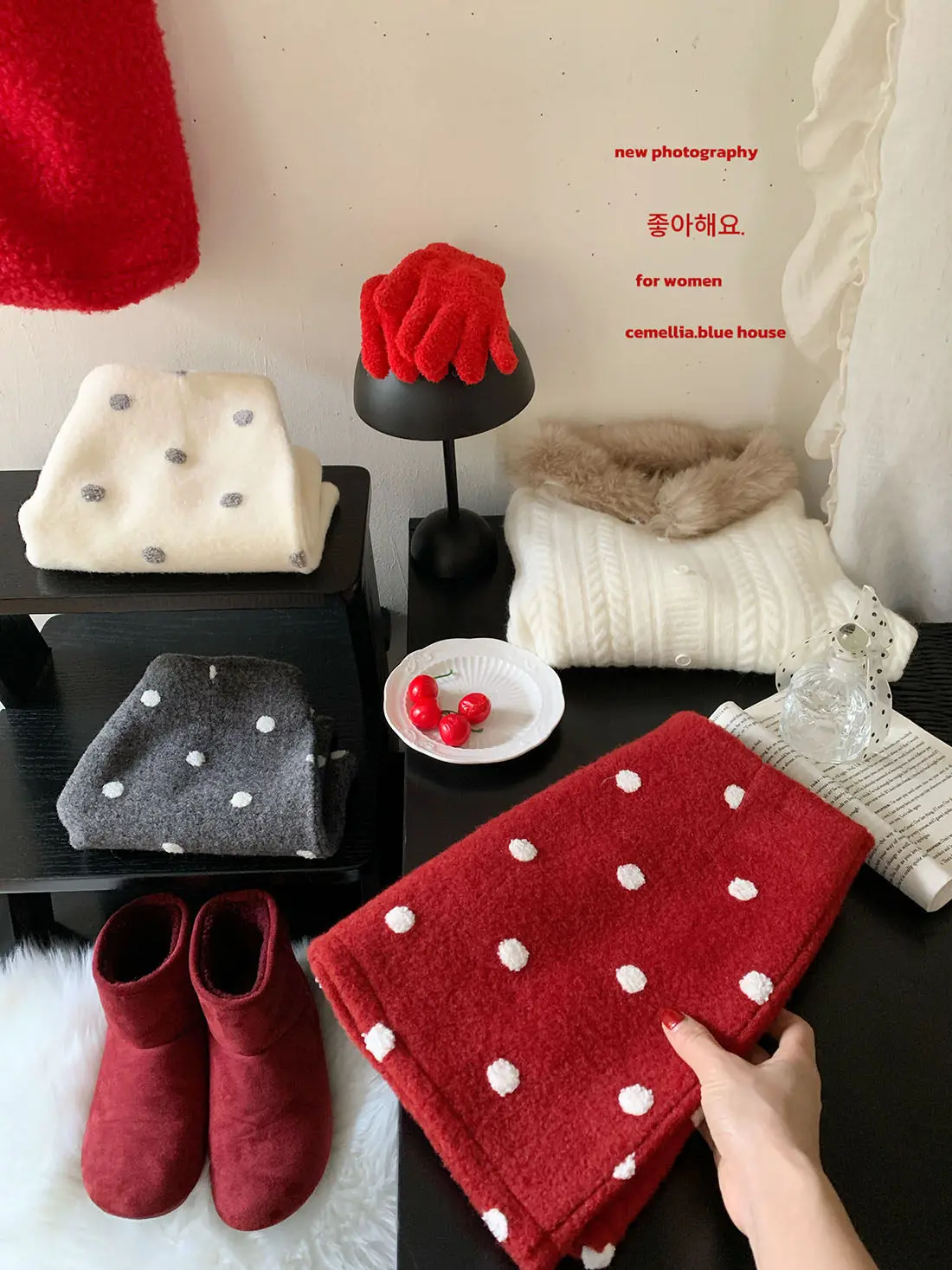 

New Year Retro Oil Painting Red 3D Small Ball Polka Dot Skirt Women Winter Lamb Wool A-Line Wrap Short Skirt Commute Style