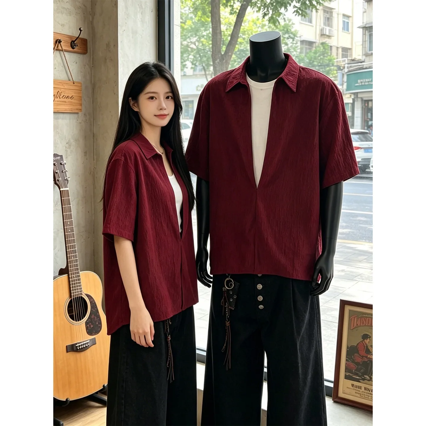 Wine red fake two piece short sleeved T-shirt for men in summer, loose collared, vintage style shirt, half sleeved outfit