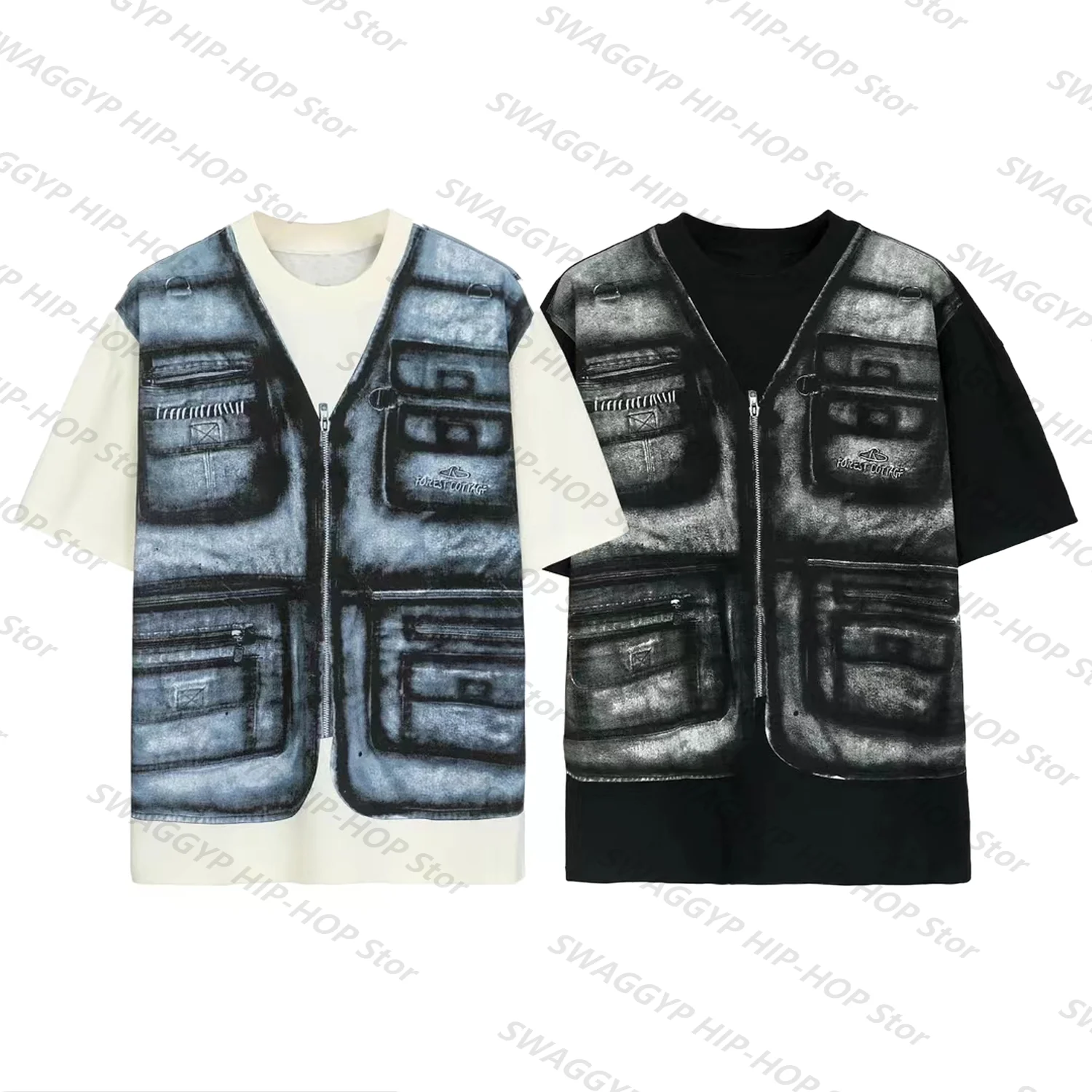 

Fashion design sense fake two short sleeve T-Shirt Classic Vintage American street retro casual half sleeve Tops Kids/Adults