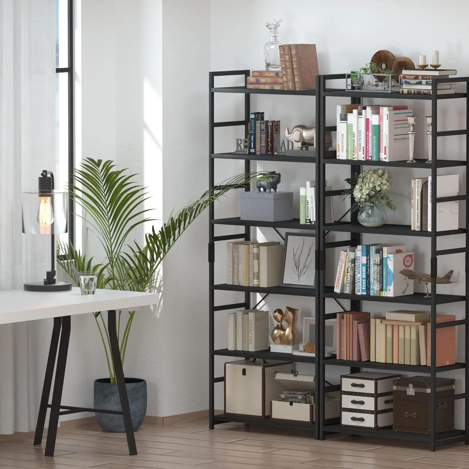 6-Tier Contemporary Bookshelf, High Storage Organizer, Stylish Shelving Unit for Home, Office, and Living Spaces, Black