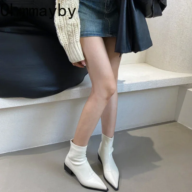 Pointed Toe Women Ankle Boots Fashion Thick Heel Slimming Short Booties Autumn Winter Soft Leather Female Shoes