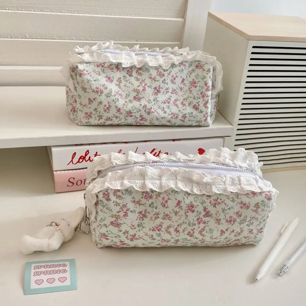 Smooth Zipper Floral Stationery Pouch Large Capacity Flower Pattern Lace Trim Pencil Case Cosmetic Bag Educational