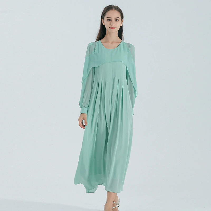 Emerald Green Double-layer 100% Silk Round Neck Dresses Women Ruffle Decorative Lantern Puff Long Sleeve Silk Dress AE1760