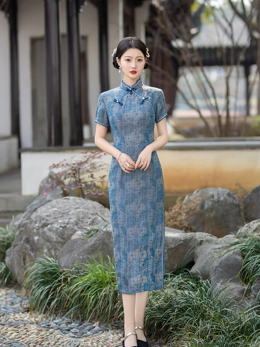 

Summer Print Qipao Women Short Sleeve Cheongsam Sexy Party Dress Chinese Traditional Classic Mandarin Collar Evening Gown