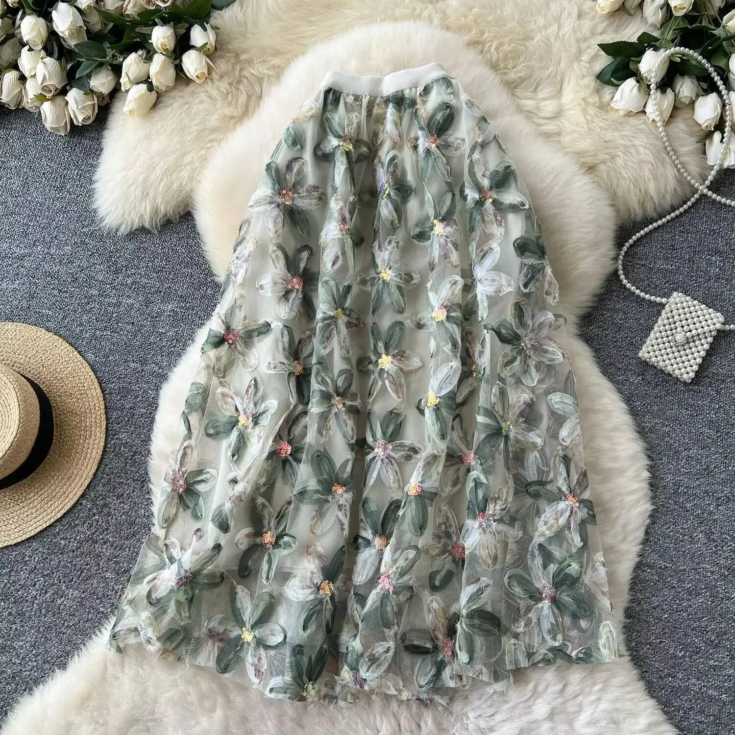 

Женские весенне-осенние сетчатые юбки-миди с цветочными пайетками, модная элегантная милая юбка с высокой талией в корейском стиле 2024, милая женская юбка