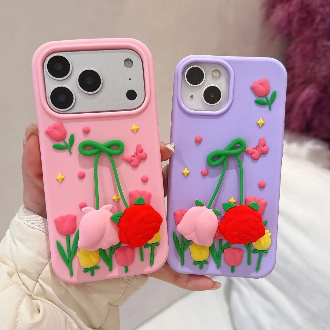 

Elegant Pink Tulip Flowers pendant Phone Case For iPhone 17 16 15 14 13 12 Pro Max 16E 14 15 Plus Cute Silicone Soft Cover