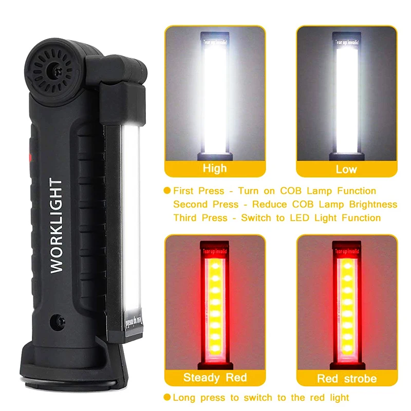 zk20 USB Rechargeable LED Flashlight Collapsible COB Portable Woring Light Magnetic Base Hook Inspection Repairing Camping Lamp