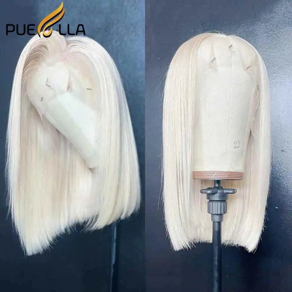 Peluca con malla Frontal de color rubio hielo Bob corto 13x4 cabello humano brasileño prearrancado corte Pixie pelucas frontales de encaje transparente