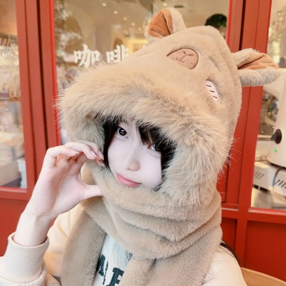 Faux Rabbit Hair Capybara Hat Scarf Gloves Set Cartoon Korean Style Plush Hooded Scarf Soft Headgear 3 In 1 Hat Students