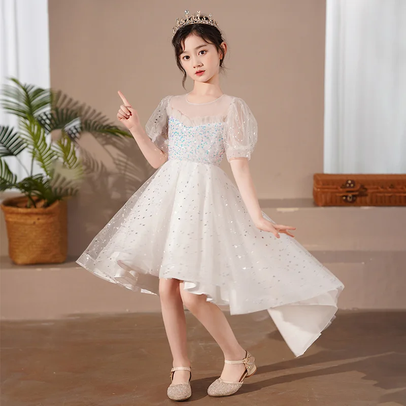 Princess Kids Party Mermaid Dresses 2023 Summer New Fashion O-Neck Lace Puff Sleeve Piano Performance Host Flower Girl Costume