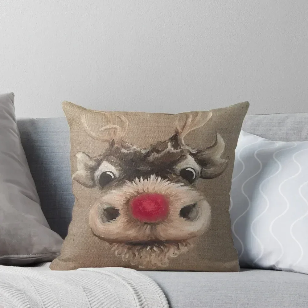 Rudolph Red Nose Reindeer Oil Painting by Angela Brown Art Throw Pillow Christmas Pillowcase Embroidered Cushion Cover pillow