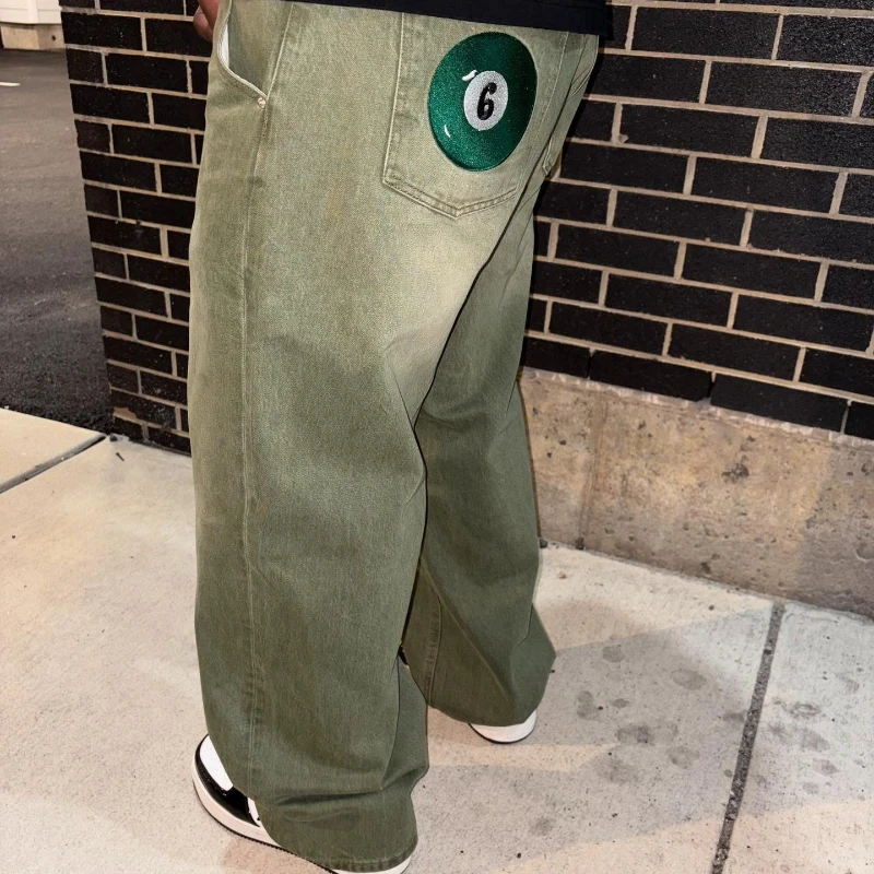 Baggy Jeans Y2K Street Matcha Denim Jeans Pocket Green 6 Ball Embroidery Denim Pants London High Street Trend Streetwear Unisex