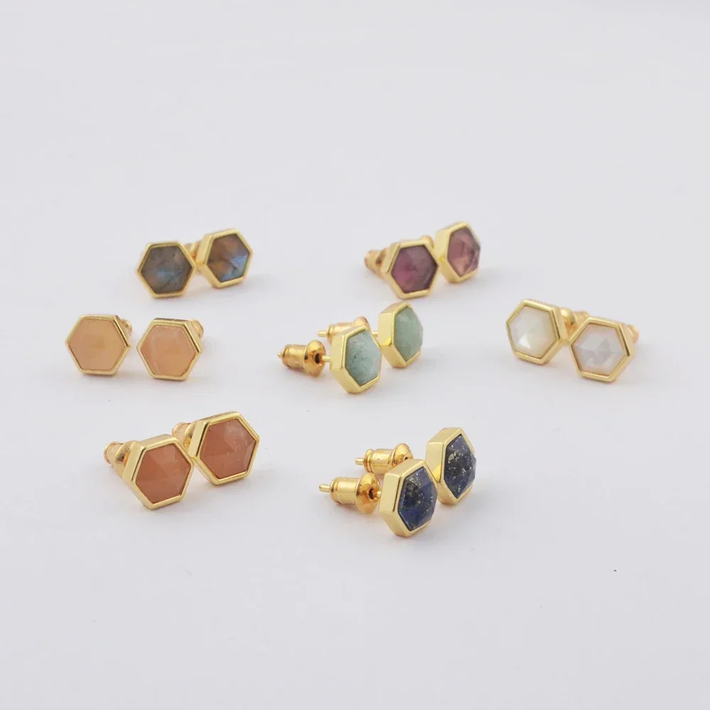 

Hexagon Multi-Kind Natural Stone Stud Earrings Healing Crystal Gemstone Piercing Earring For Women Birthday Gifts for Her