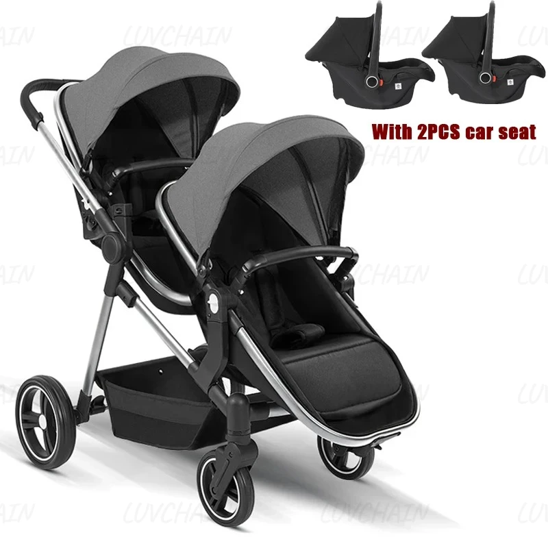 Buiten kinderwagen voor twee kinderen, multifunctionele 3-in-1 kinderwagen, met twee autostoeltjes