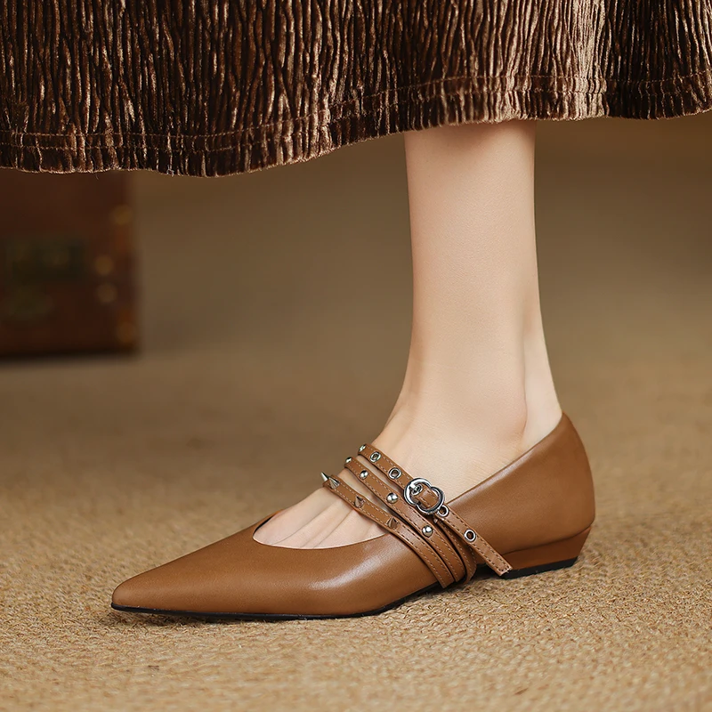 

Genuine Leather Cowhide Pointed Toe Women Mary Jane Shoes Shallow Rivet Women's Shoes 2.5CM Elegant Low High Heels