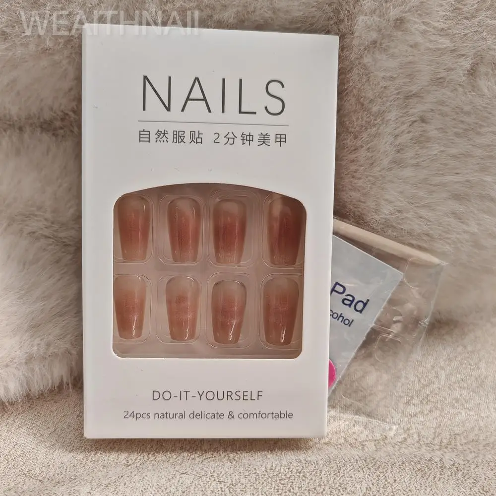 24PCS New Short Ballerina False Nails Cat Eye French Press on Nails Full Cover Shining Crystal Nail Tips DIY