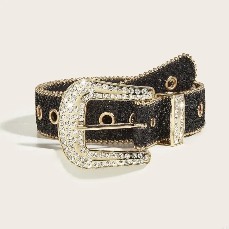 

39XE Adult Full Sequins Belt for Dress Adjustable Pin Buckle Waist Belt Buckle Wide Waist Belt Ladies Skirt Belt