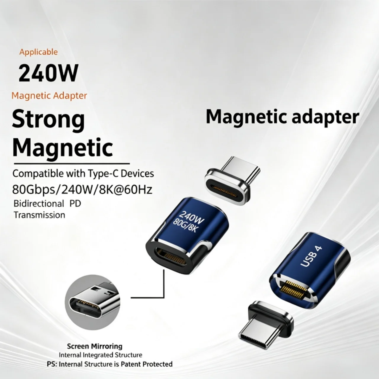 USB4.0 Thunderbolt4/3 Magnetic USB C To Type-C 240W 80Gbps Fast Charging Magnet Charge Converter Cable 8K@60Hz OTG USB C Adapter