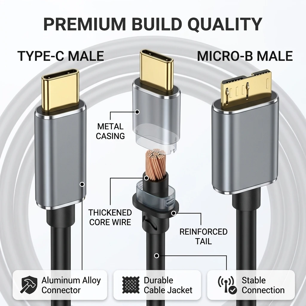 USB C to Micro B Cable USB 3.1 Gen1 Data Cable High Speed Transfer Cord for External Hard Drive HDD SSD Mobile Disk