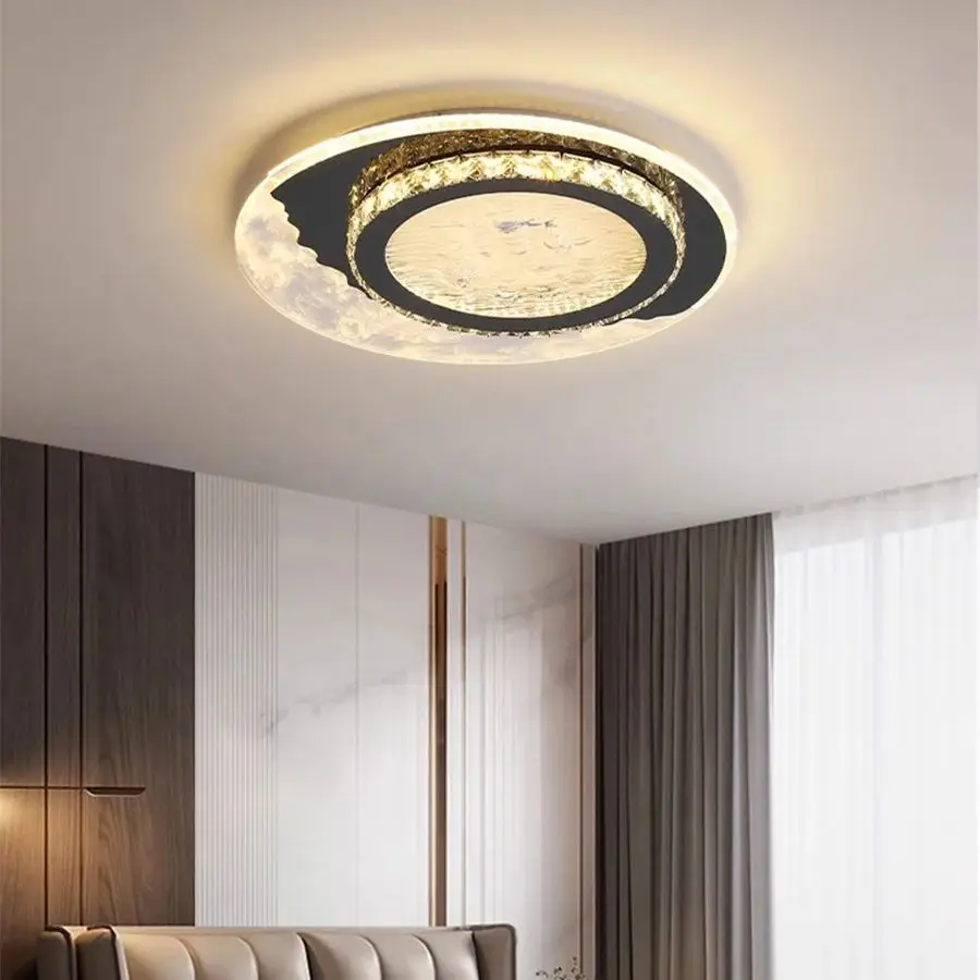 Modern Round Cloud Texture Crystal LED Ceiling Light 3‑Color Dimmable Flush Mount Lamp for Living Room Bedroom Home Decor