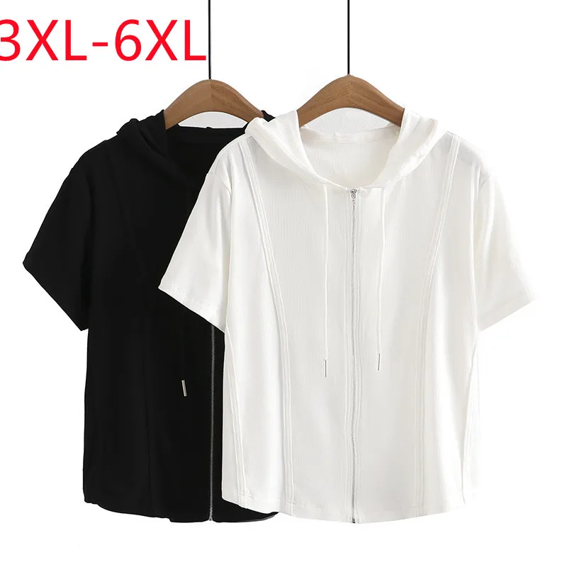 

New 2023 Ladies Spring Summer Plus Size Tops For Women Large Size Short Sleeve V-neck Black Hooded T-shirt 3XL 4XL 5XL 6XL