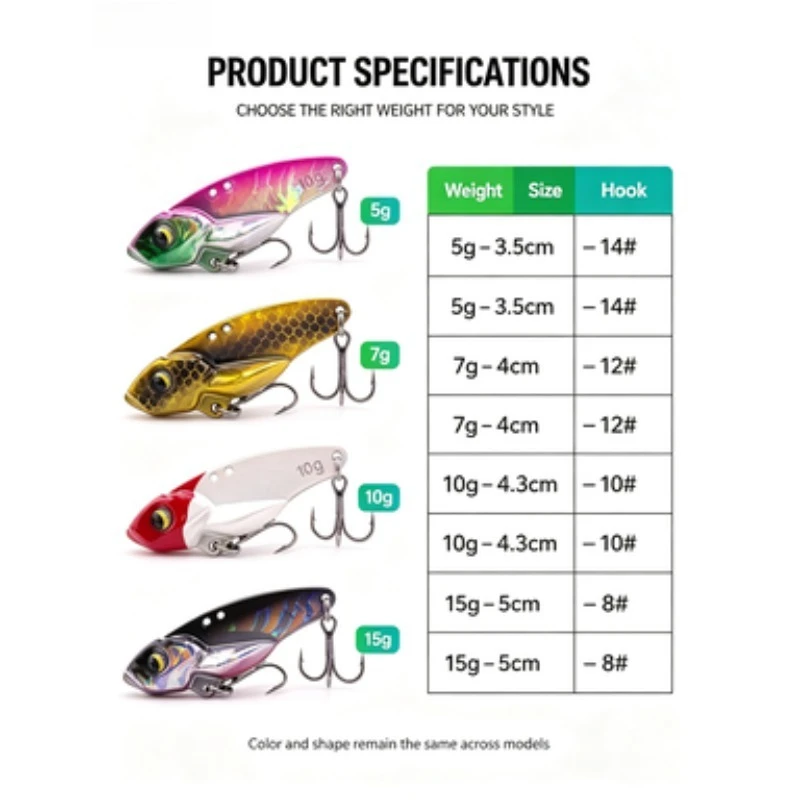 1Pcs Thin Back Long Cast Metal VIB Fishing Lure 5g 7g 10g 15g 3D Fish Eyes Adjustable Hole Sharp Treble Hook for Bass Snakehead