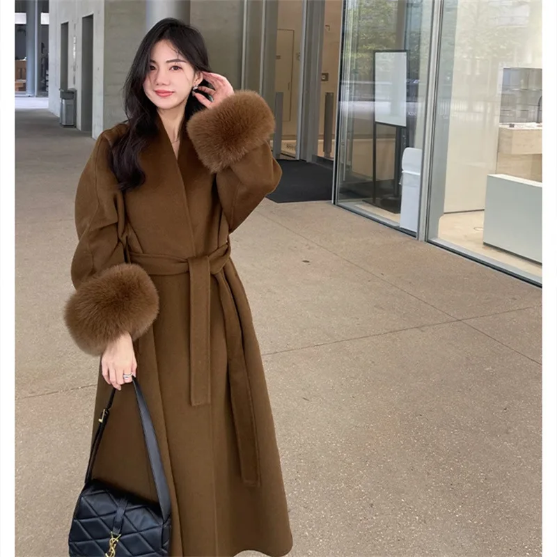 An Yimelade autumn and winter new style temperament double-sided cashmere coat women's medium long fox fur woolen coat