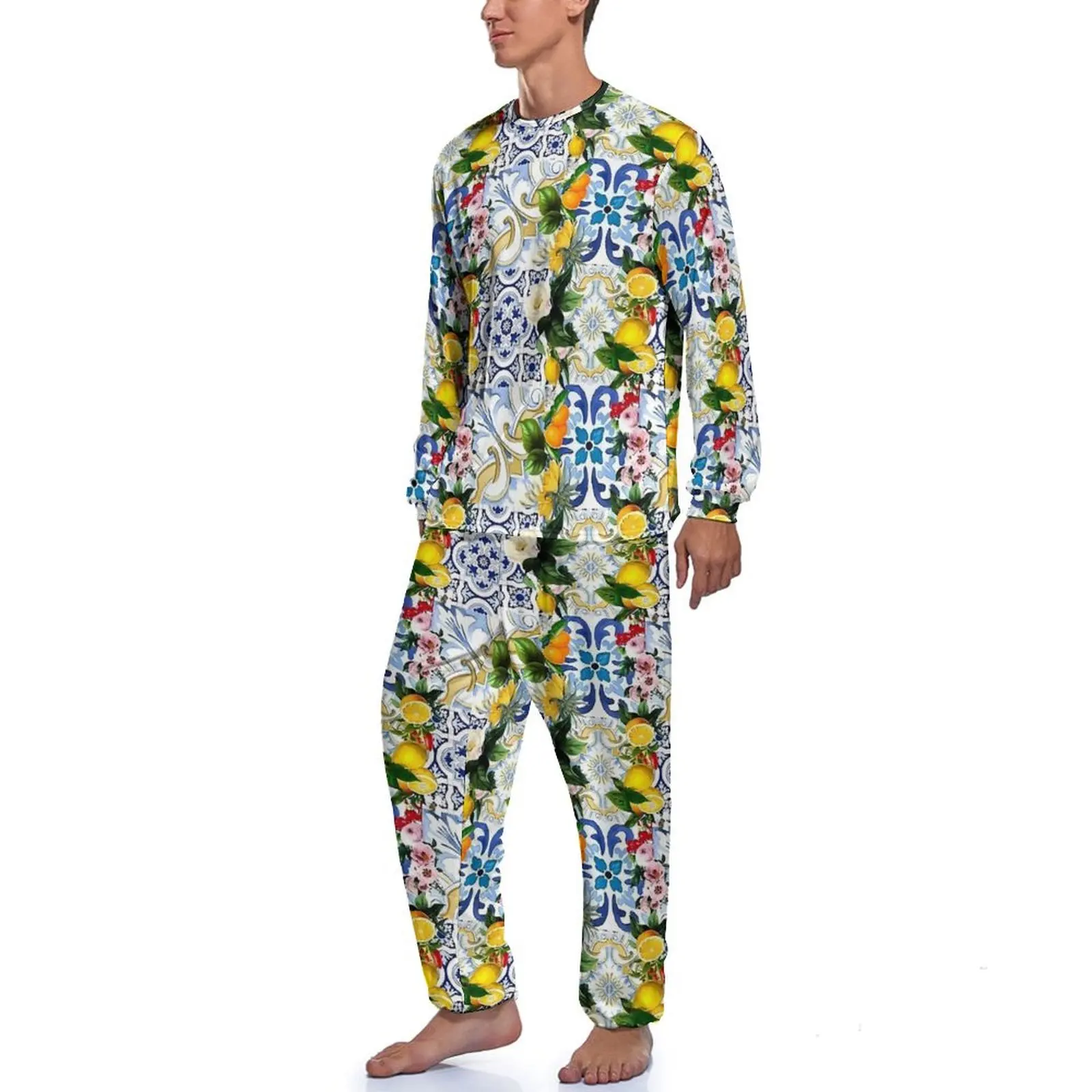 Sicilian Tiles Pajamas Men Lemon Print Elegant Sleepwear Spring Long-Sleeve 2 Pieces Home Design Pajama Sets