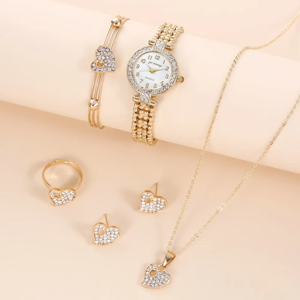 Dames Set Light Luxe Mode Veelzijdige Diamanten Set Stalen Band Horloge Liefde Armband + Ring + Oorbellen + Ketting