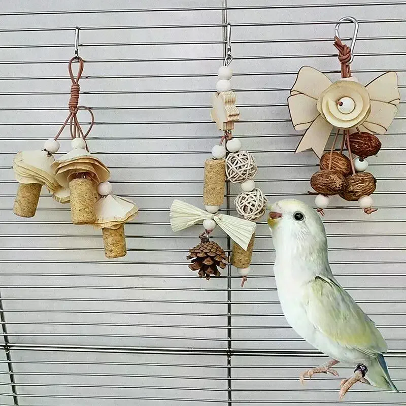 Parrot Chew Toy 1Pcs Bird Cage Woven Grass Chewing String Wooden Chip Fruit Rope For Small Animal Training Entertainment