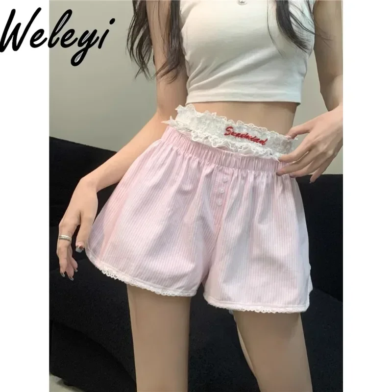 Sweet Sexy Embroidered Lace Thin Underneath Leggings Ladies Kawaii 2024 New Women's Summer Cute Loose Stripes Hollow Pink Shorts