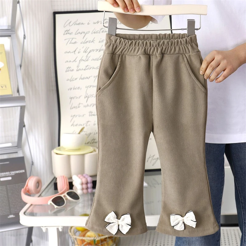 Autumn Kids Girls Flared Pants Cute Corduroy Bow Decoration Solid Color Casual Bell‑Bottom Trousers For Little Girls