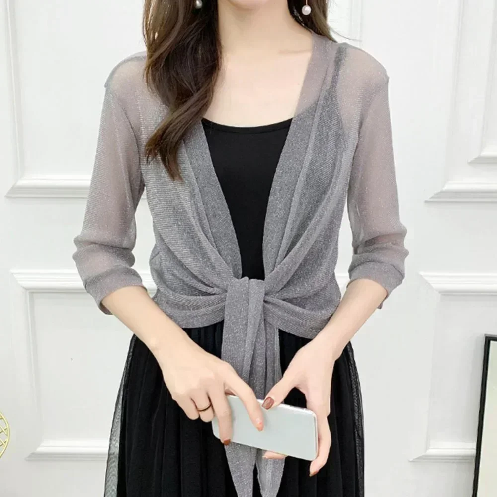 Fashion Summer Women's Sheer Glitter Lace-up Cardigan Half Sleeve Lightweight Jacket See-through Loose Blouse Women