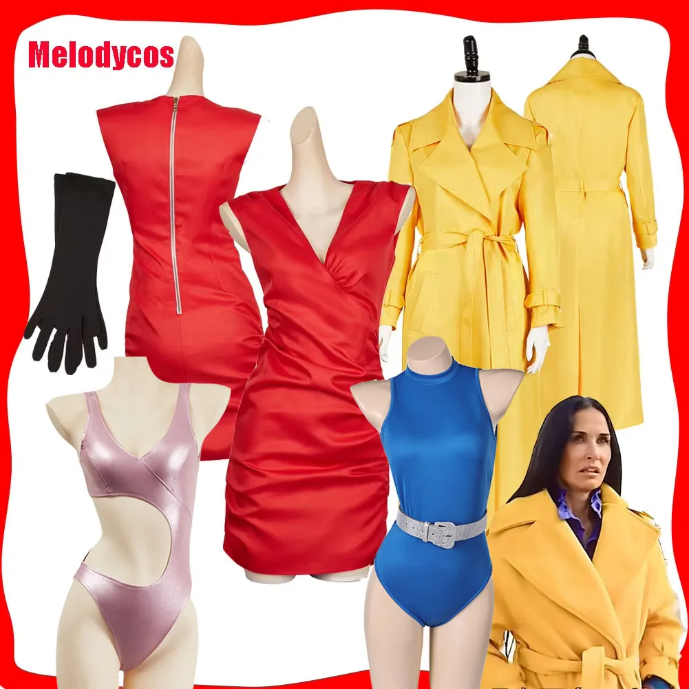 Elizabeth Cosplay Women Red Dress Yellow Trench Coat Belt Gloves The Movie Substance Costume Sue Cos Outfits Halloween Carnival