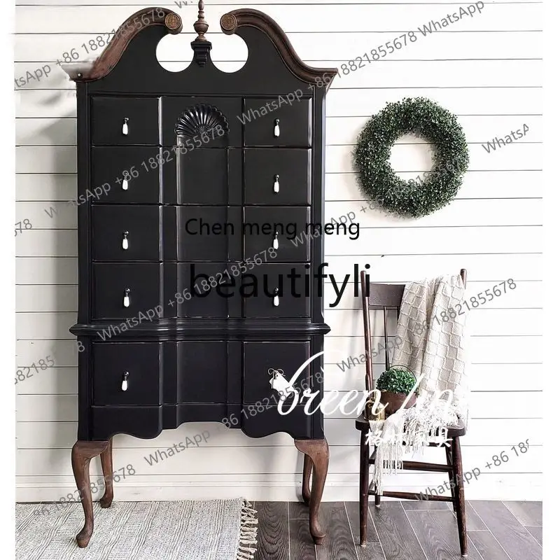 

178American retro solid wood side cabinet, old black, French home carved storage cupboard