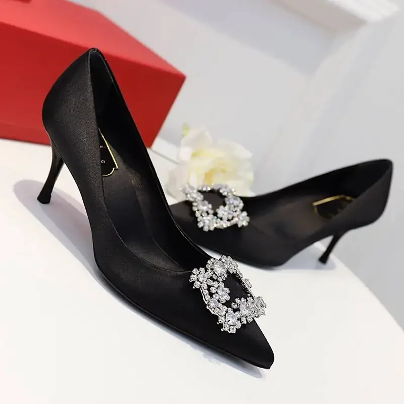 Luxury Rhinestone Pointed Toe Women Pumps Elegant Crystal Wedding Bridal Shoes Satin Silk Square Button Design Mules High Heels