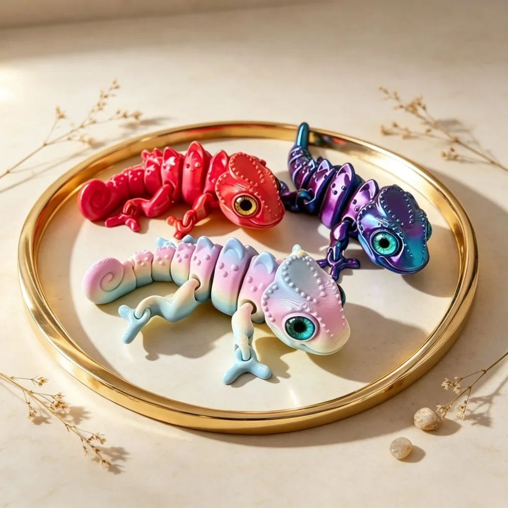 3D Printed Chameleon Figurine, Multi-Joint Movable, with Realistic Eye Design, Suitable for Home Décor, Gifts, and Living Room