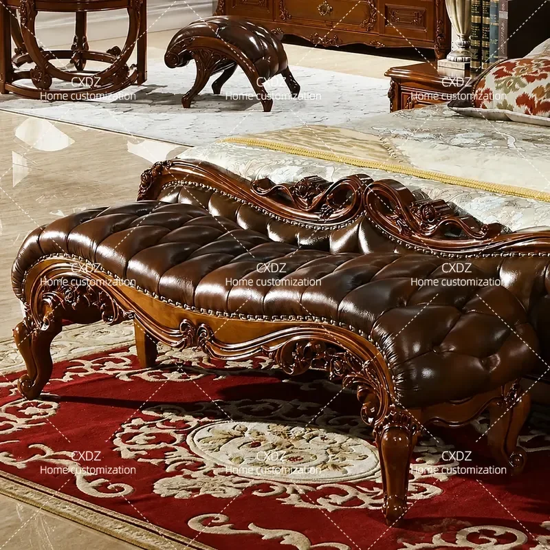 Solid Wood Carved Flower Leather Bedside Stool First Layer Cowhide Shoe Changing Bench American Style Bedroom Furniture
