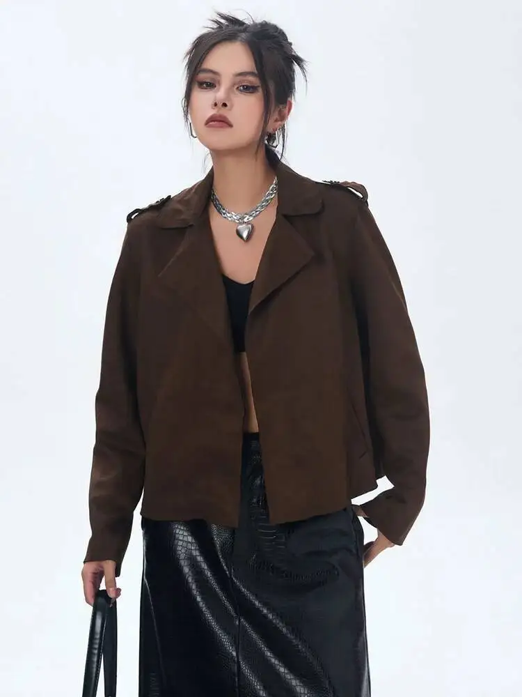 

Coffee Suede Pocket Big Size Casual Jacket New Lapel Long Sleeve Women Coat Fashion Tide Spring Autumn