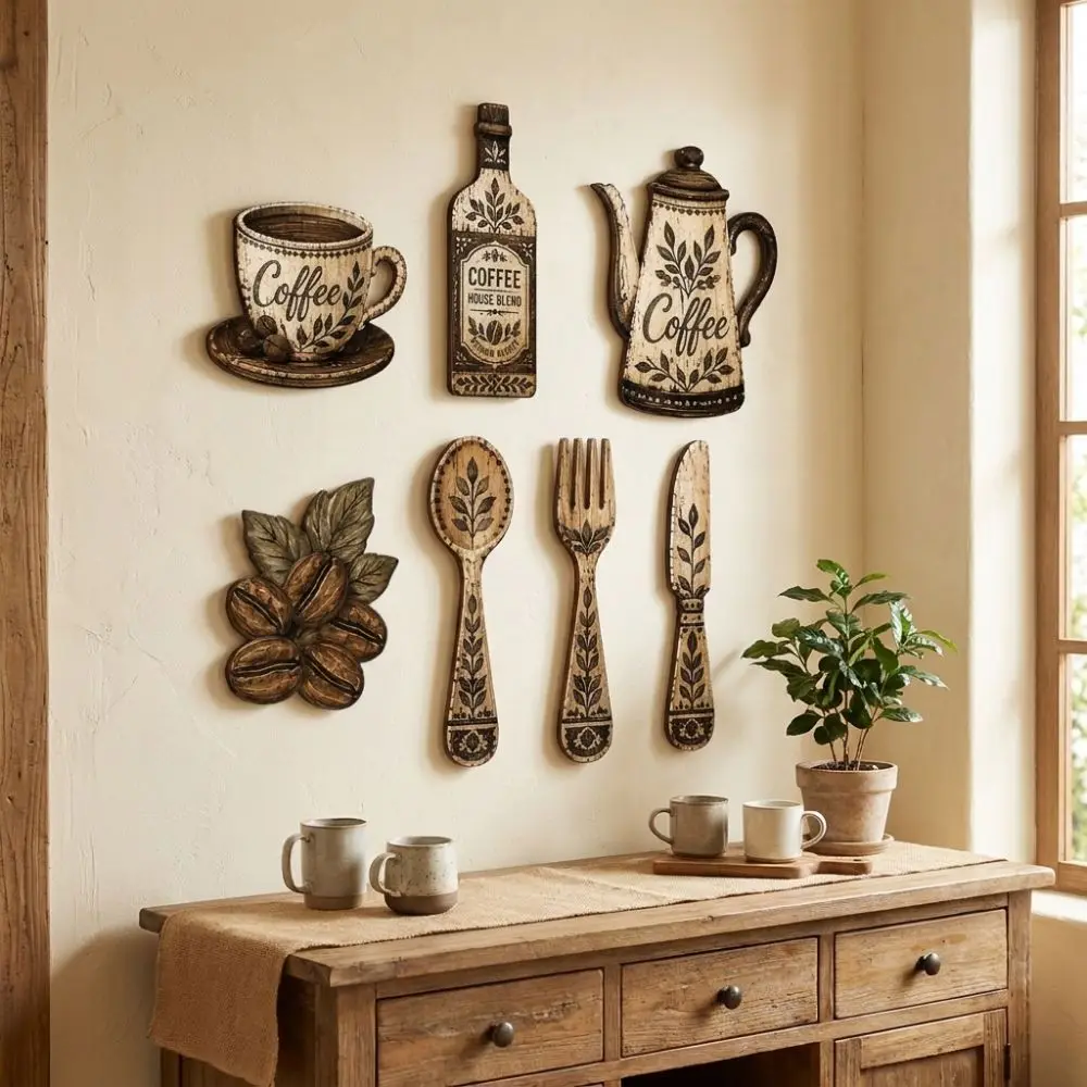 7Pcs Vintage Coffee Utensil Wooden Ornament Rustic Distressed Coffee Cup Pot Coffee Bean Floral Coffee Element Wall Plaques