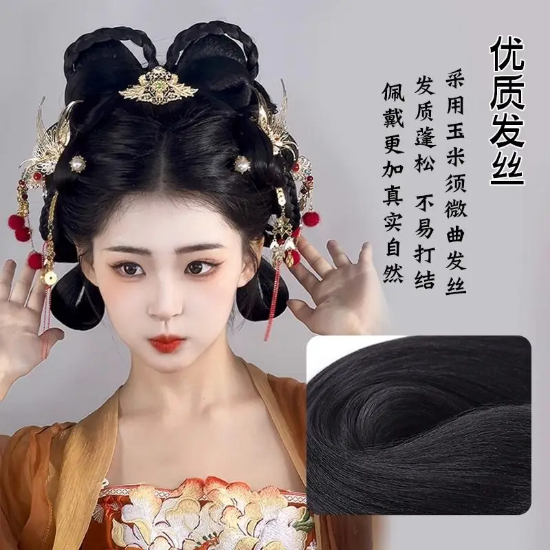 Zestaw do włosów 2w1 w stylu dynastii Tang i Ming - Gotowy kok motylkowy z podstawką do kostiumów Hanfu, akcesorium do włosów w stylu starożytnym, bez umiejętności.